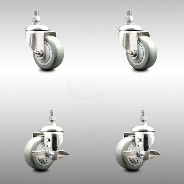 Service Caster 3 Inch 316SS Gray Polyurethane Swivel 12mm Threaded Stem Caster Brake, 2PK SCC-SS316TS20S314-PPUB-M1215-2-TLB-2 - main